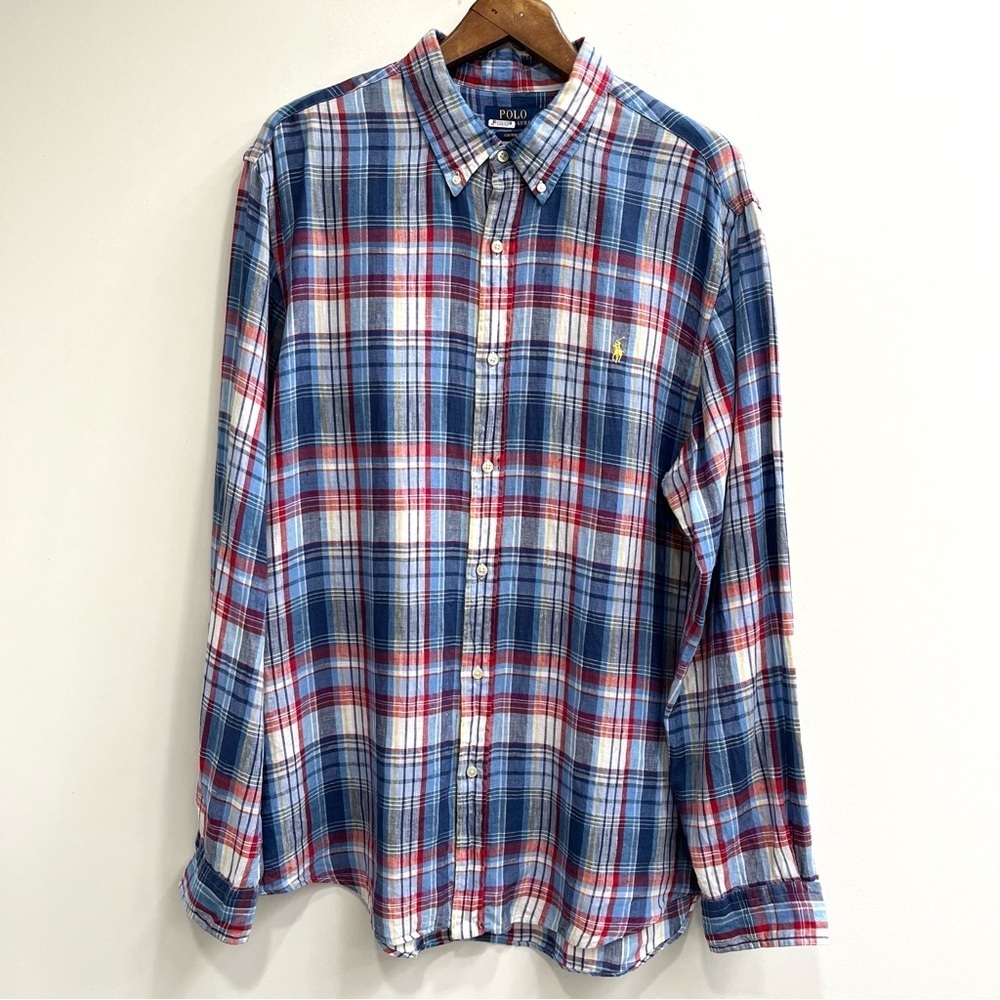 Polo Ralph Lauren 100% Linen Men’s Blue Red Plaid Long Sleeve Button Down XXL